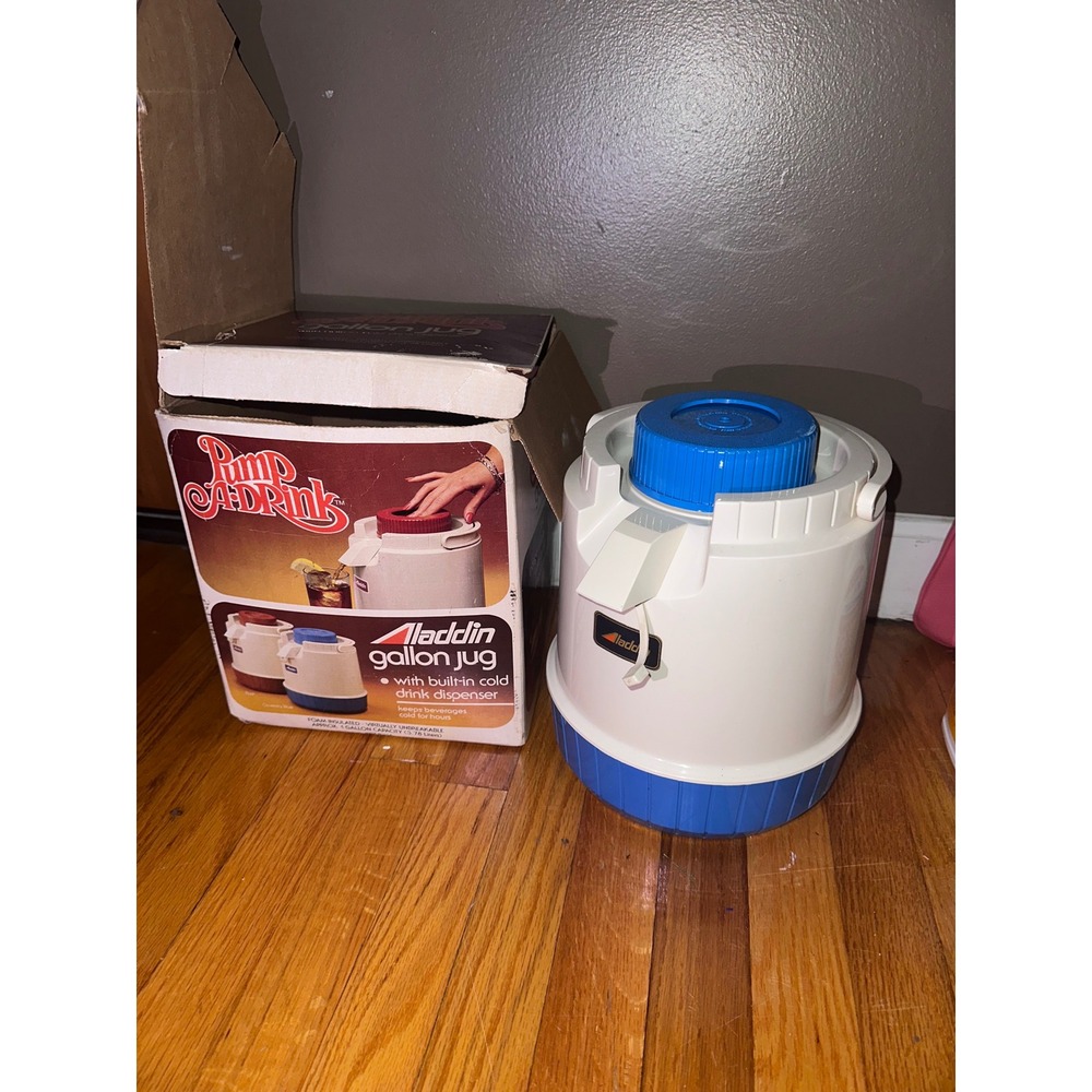 Vintage Aladdin Pump-A-Drink 1 Gallon Insulated Jug Water Cooler Blue White Box